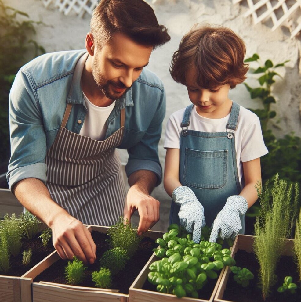 child growing herbs