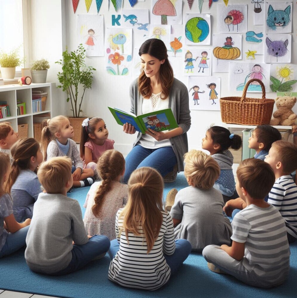 Teacher reading a story to young children