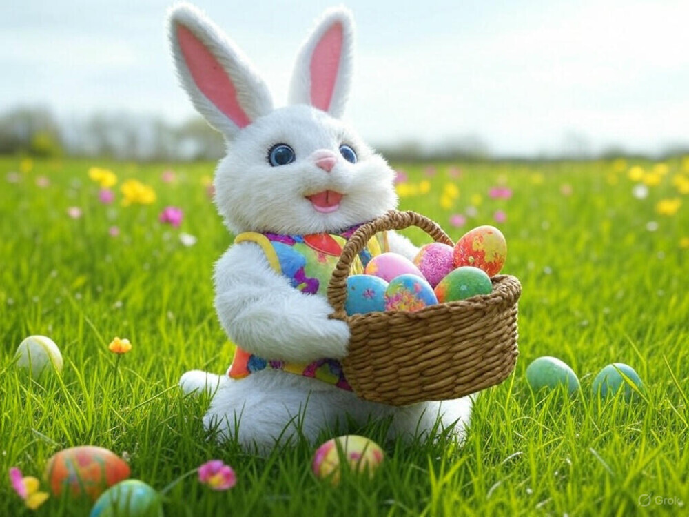 Easter bunny with a basket of colourful Easter eggs