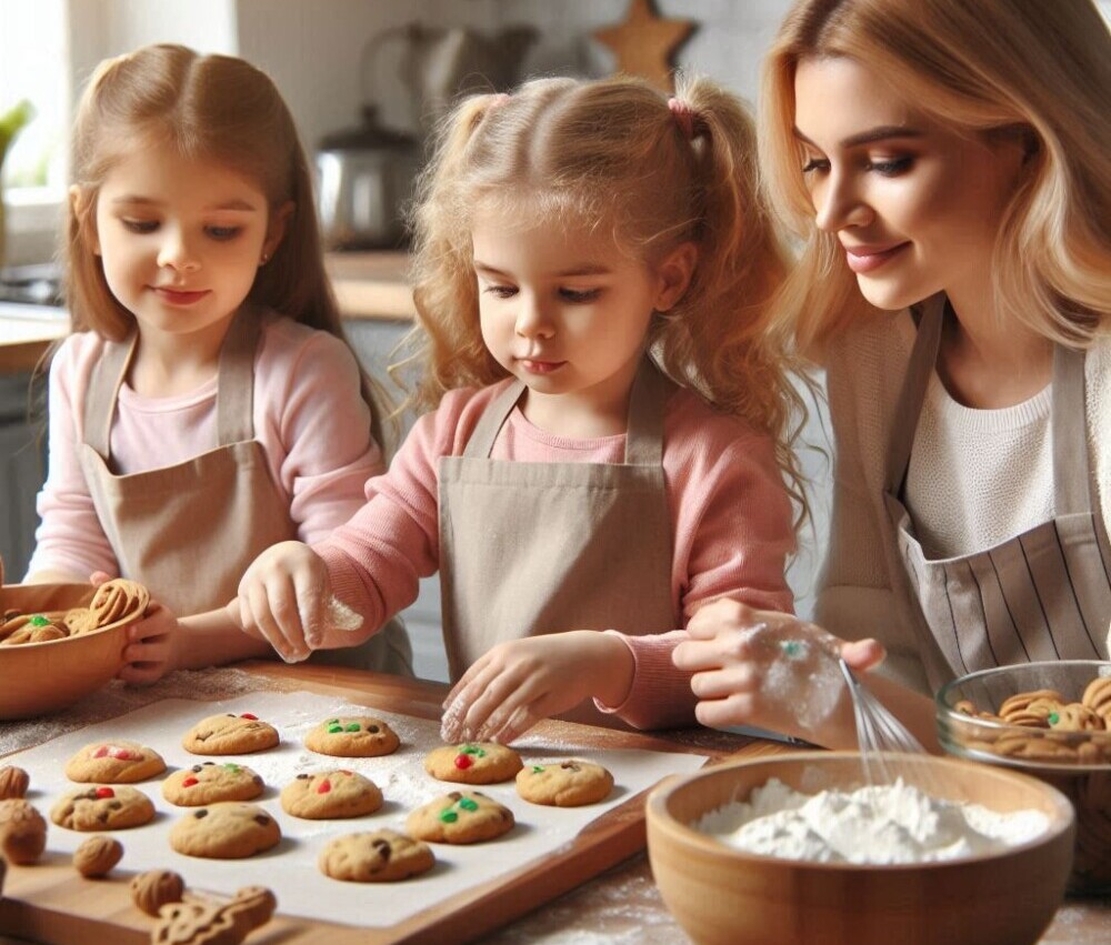 children baking with their mother