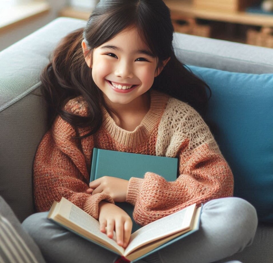 child happily reading a book