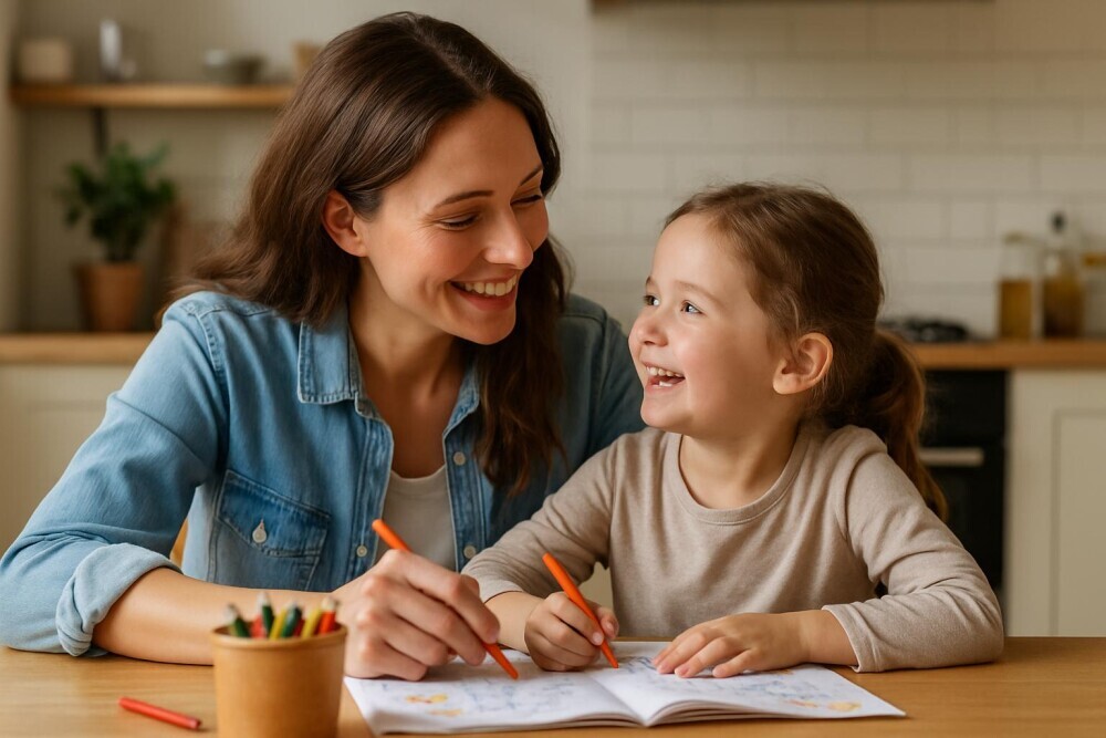 "A smiling mother and daughter drawing together at the kitchen table, sharing a happy moment."