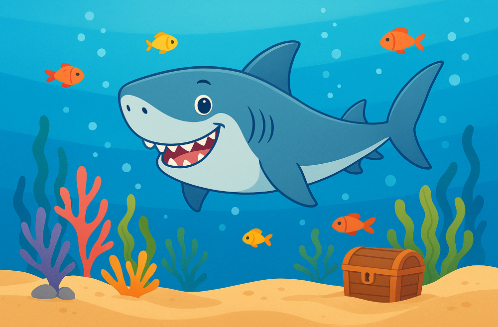 A friendly blue shark swimming among corals