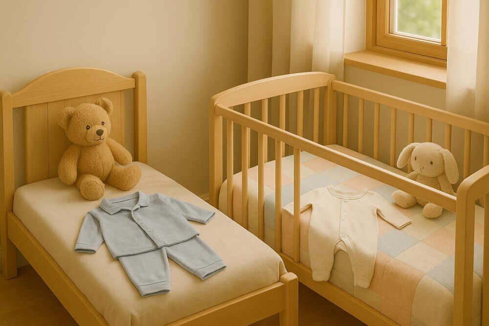 Child’s bedroom with a bed and crib, ready for a new baby.
