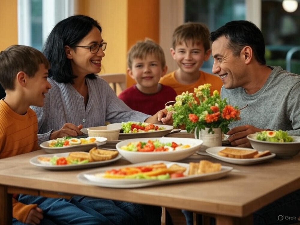 A family sitting round a table enjoying a meal