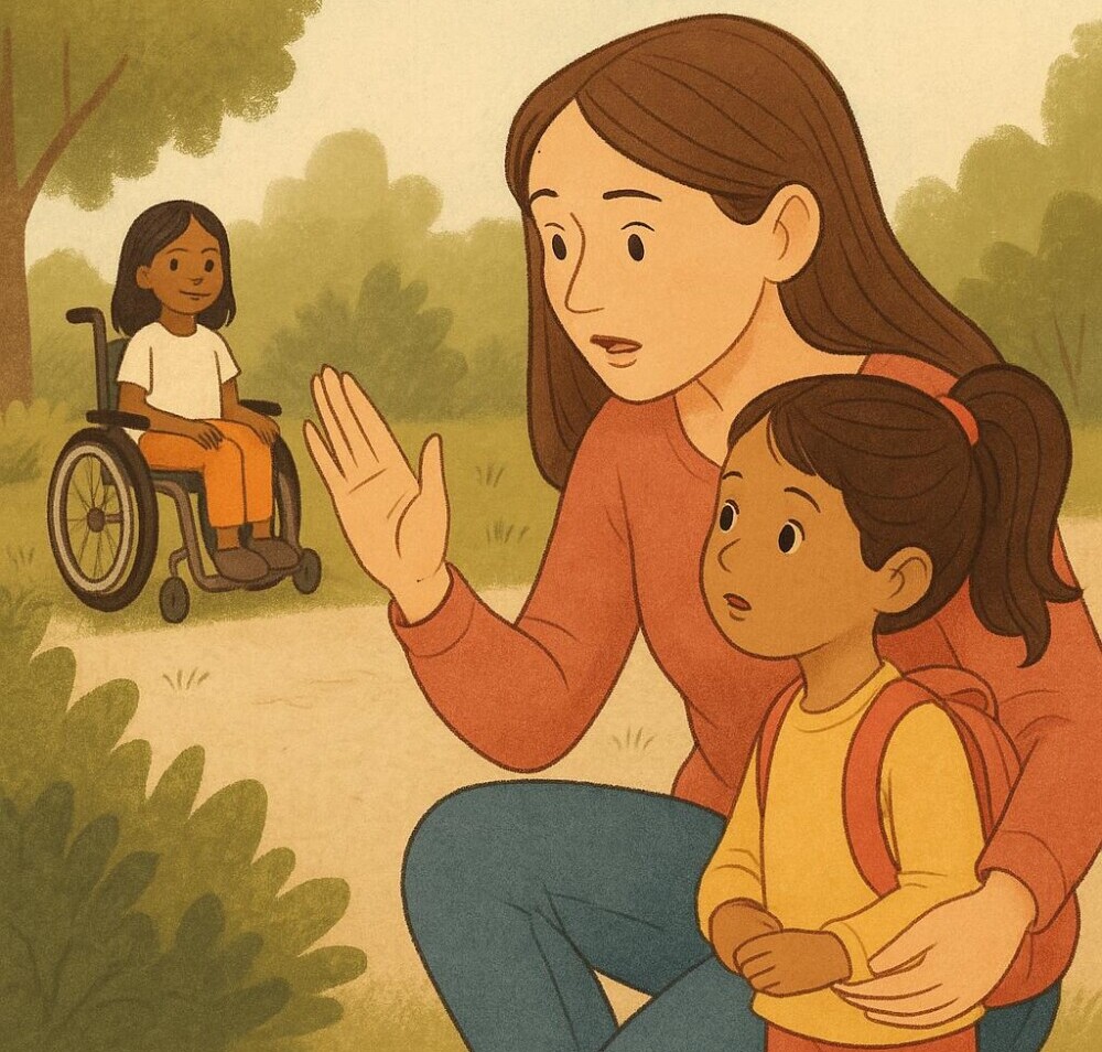 A mother explaining to a child why some children are different