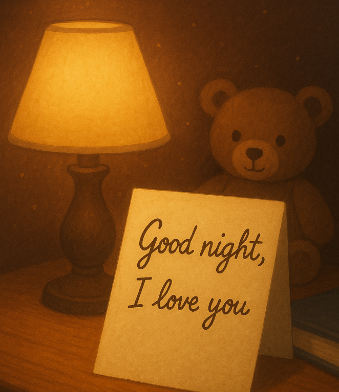 A softly lit bedside scene featuring a handwritten note that says “Good night, I love you,” placed next to a glowing lamp and a favourite stuffed animal — capturing the warmth and comfort of nightly routines.