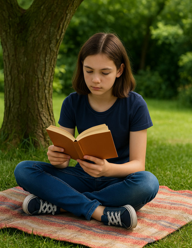 A 12-year-old girl sitting under a tree, absorbed in reading a book.