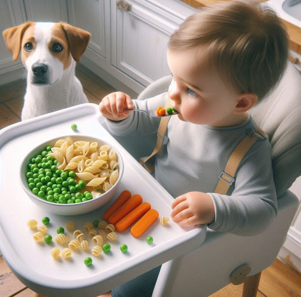 A toddler's attempt at self-feeding with the family dog patiently waiting for what is going to come his way.