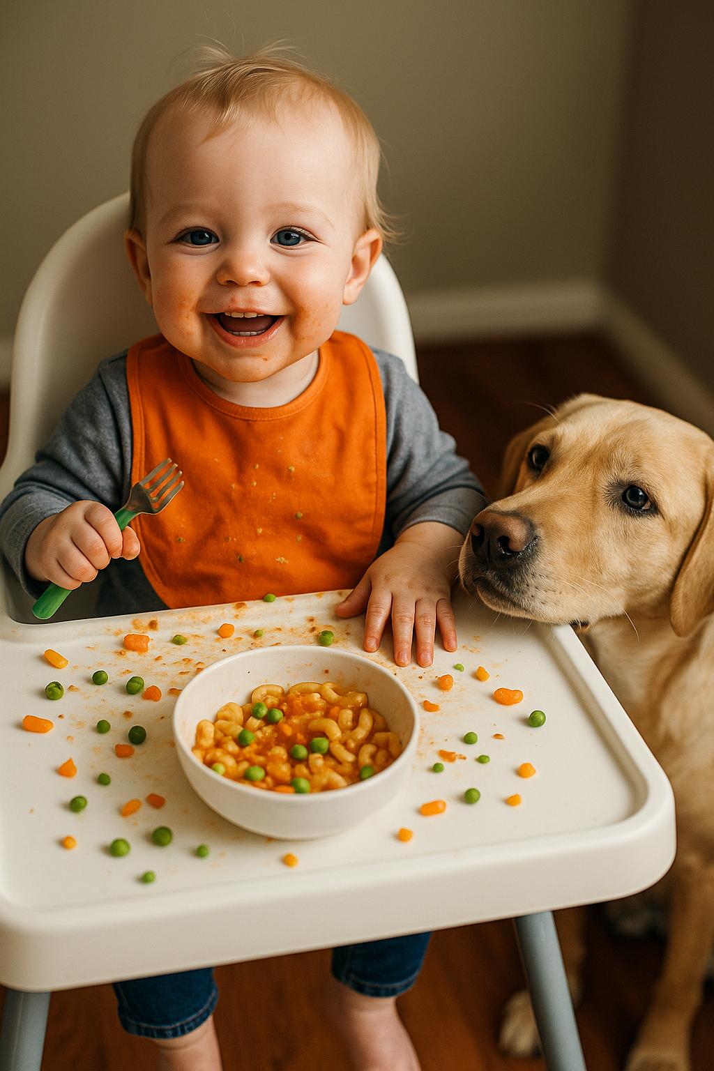 A toddler in a high chair with peas and baked beans on the tray, smiling while a Labrador waits eagerly beneath for food to drop.