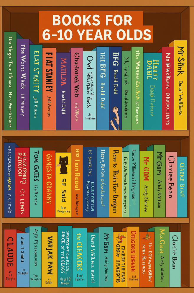 A shelf with the best books for 6-10 year olds