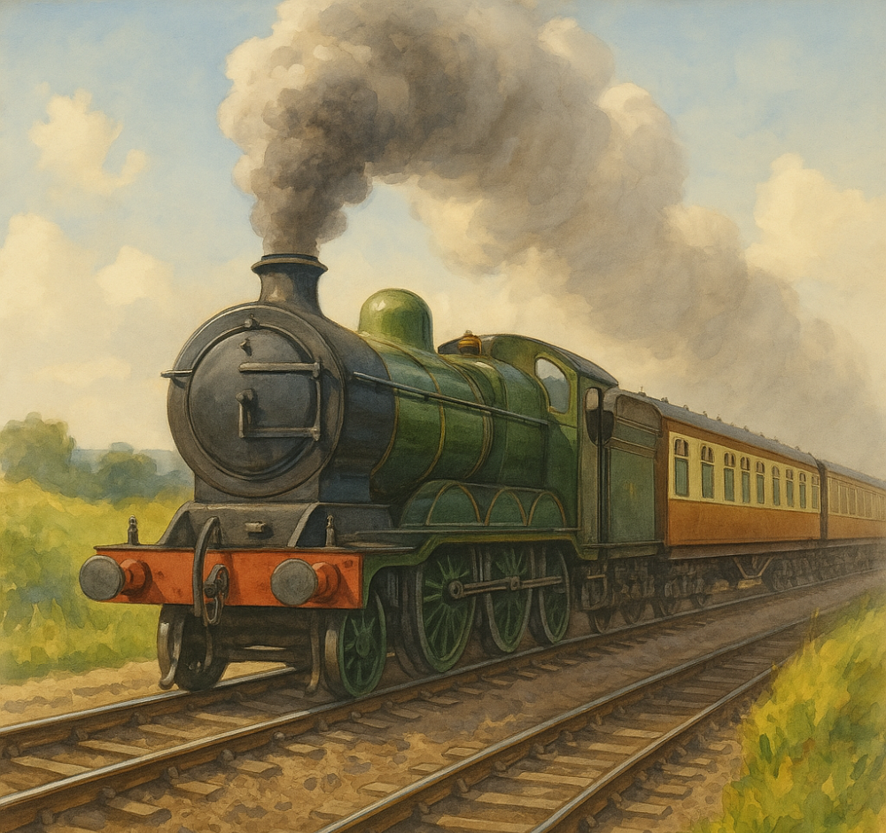 A classic steam train in the countryside
