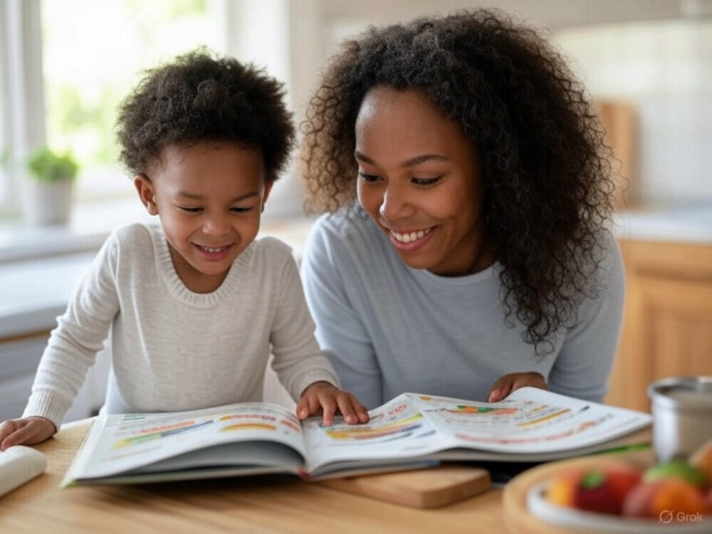 A mother and child looking at a cook book