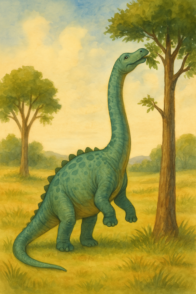 A diplodocus stretching its long neck to reach leaves on a tree.