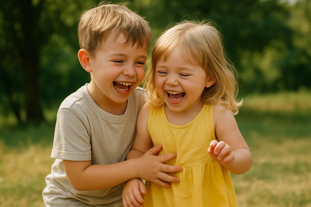 Two young siblings laughing and playing together outdoors
