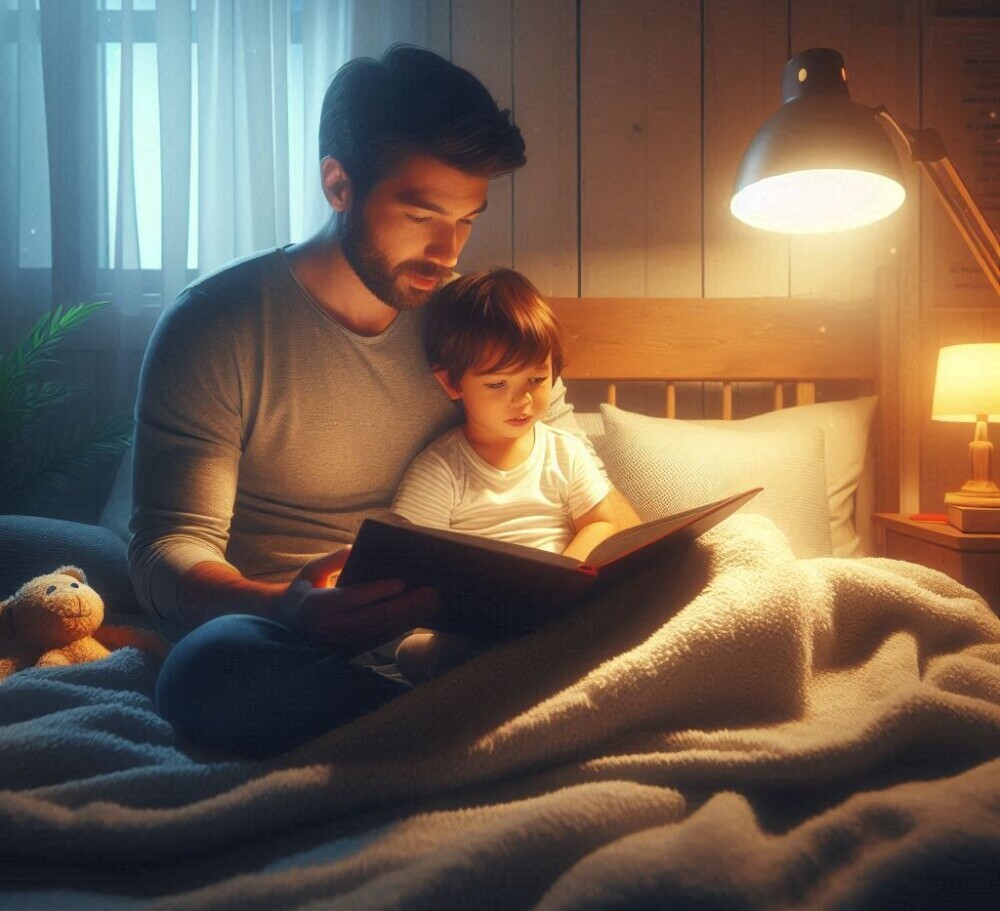 A father reading a bedtime story to his toddler