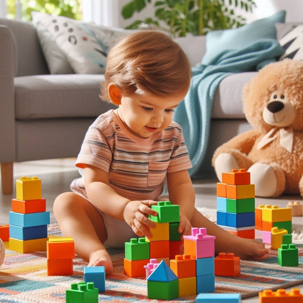 A toddler builds with colourful bricks – developing coordination, focus, and creativity through everyday play.