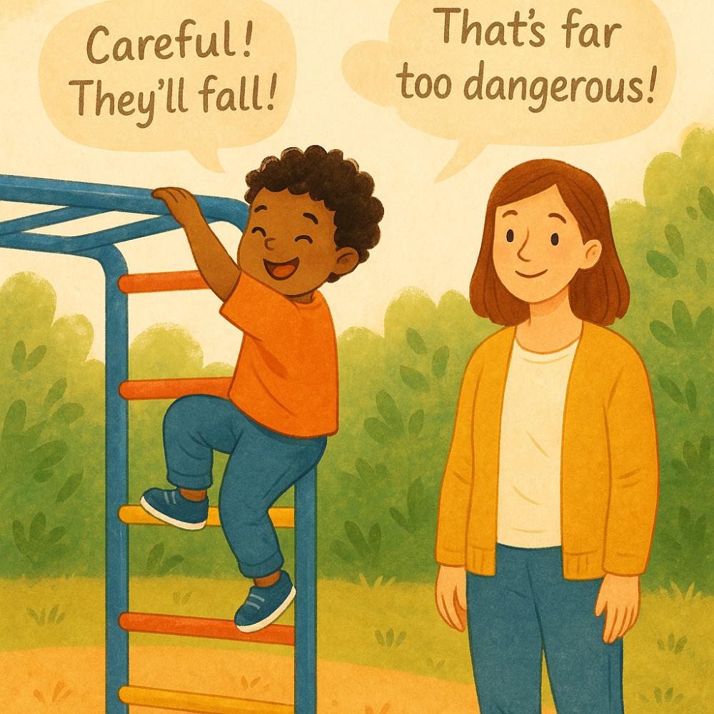 A parent watching a young child on a climbing frame attempting to ignore unsolicited parenting advice