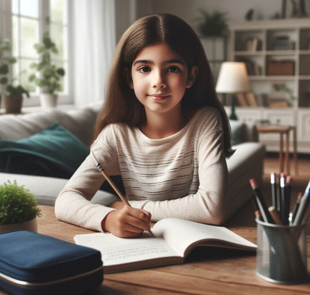 An 11-year old girl sitting at a desk preparing for SATs exams