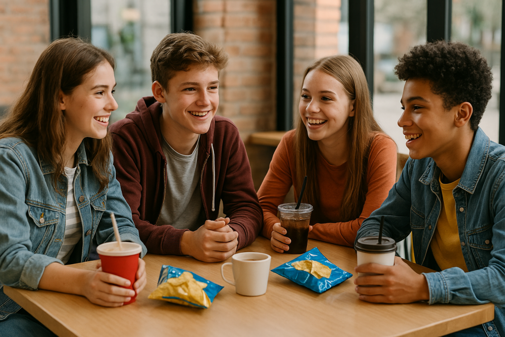 Teenage friends chatting happily in a cafe