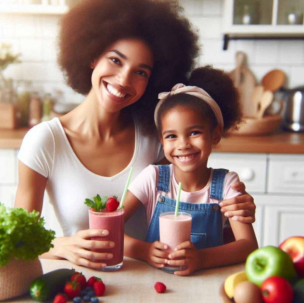 A smiling mother and child sitting at a kitchen table with their smoothies