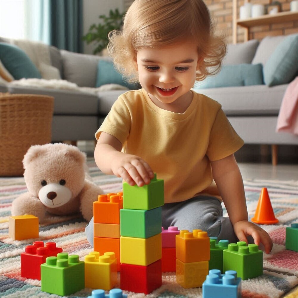 A toddler builds with colourful bricks – developing coordination, focus, and creativity through everyday play.