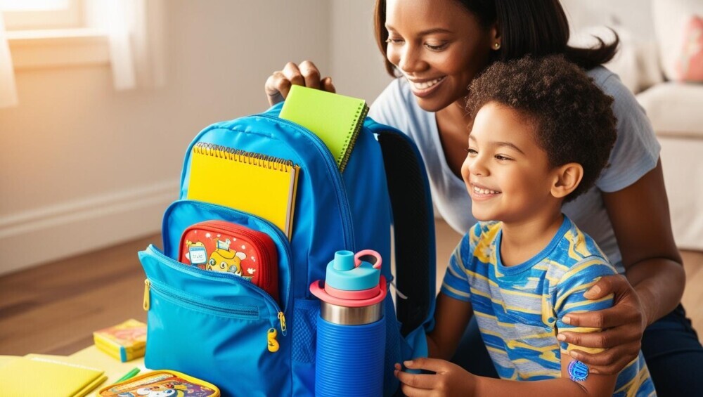 Parents helping their child pack a school bag – a reminder that life skills start at home