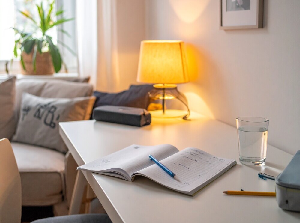 Calm study space for exam revision, with an open workbook and pencils on a tidy desk in a cosy living room corner.