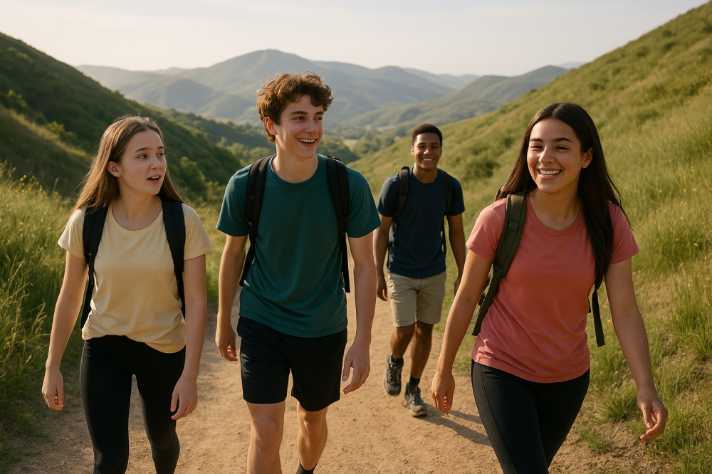 Four teenagers hiking together along a scenic path through the hills.