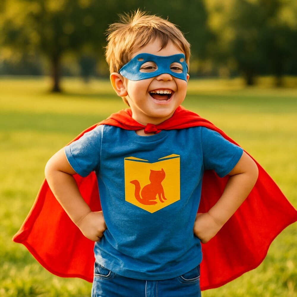 Confident child wearing a superhero costume and cape