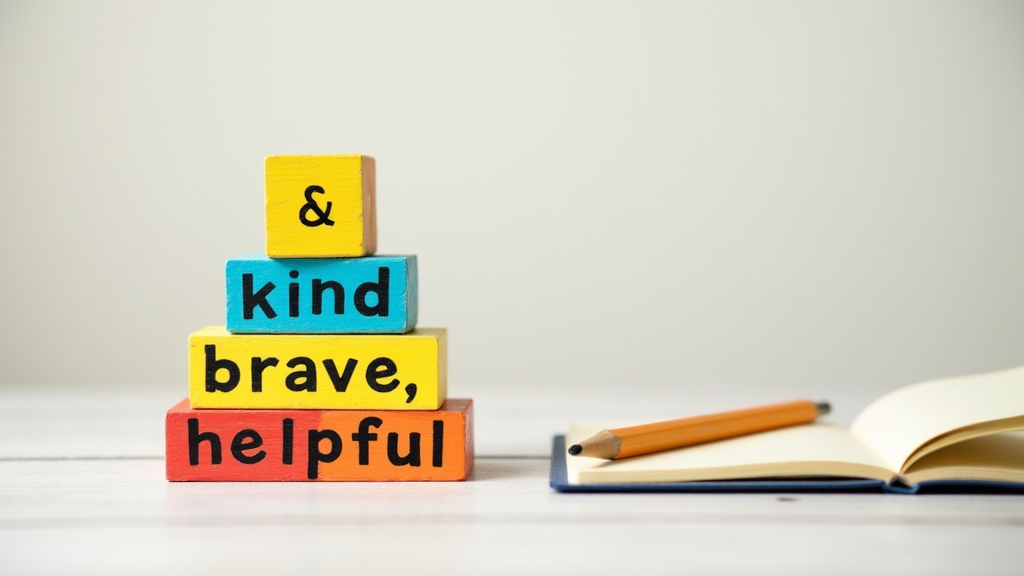 A colourful stack of wooden alphabet blocks arranged on a table beside a notepad and pencil. The blocks spell out uplifting words such as 'kind', 'brave', and 'helpful'.