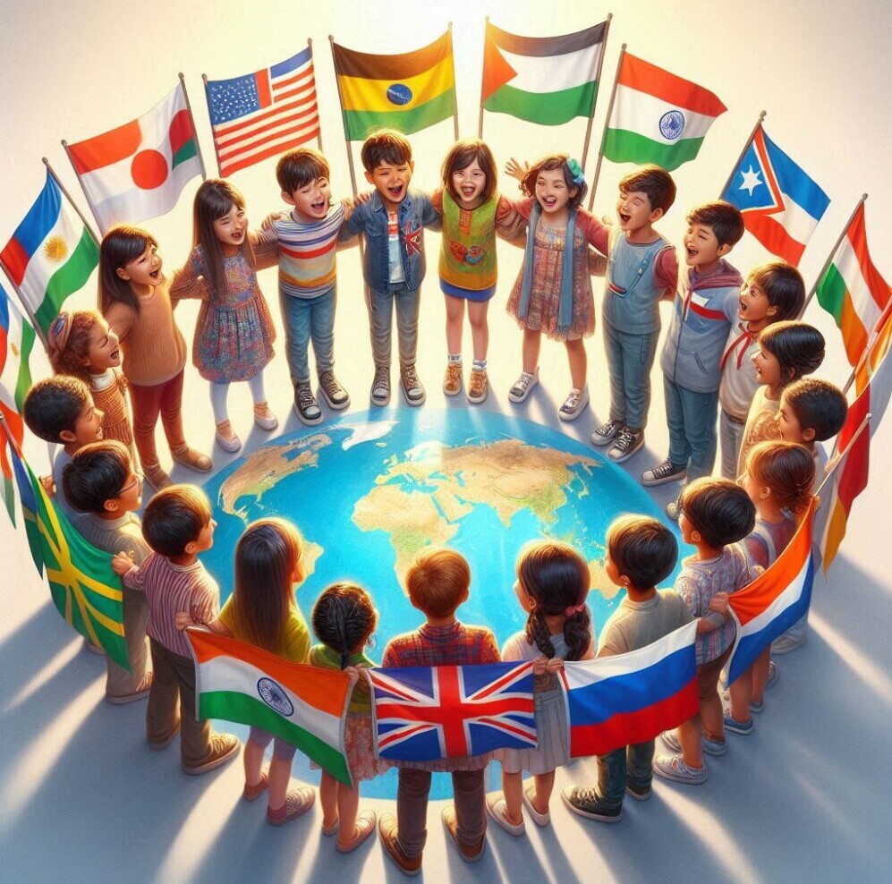Children standing in a circle around a map of the world each carrying a flag of their country