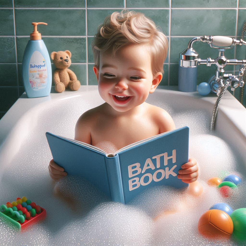 A toddler looking at a 'bath book' in the bath among bubbles and bath toys