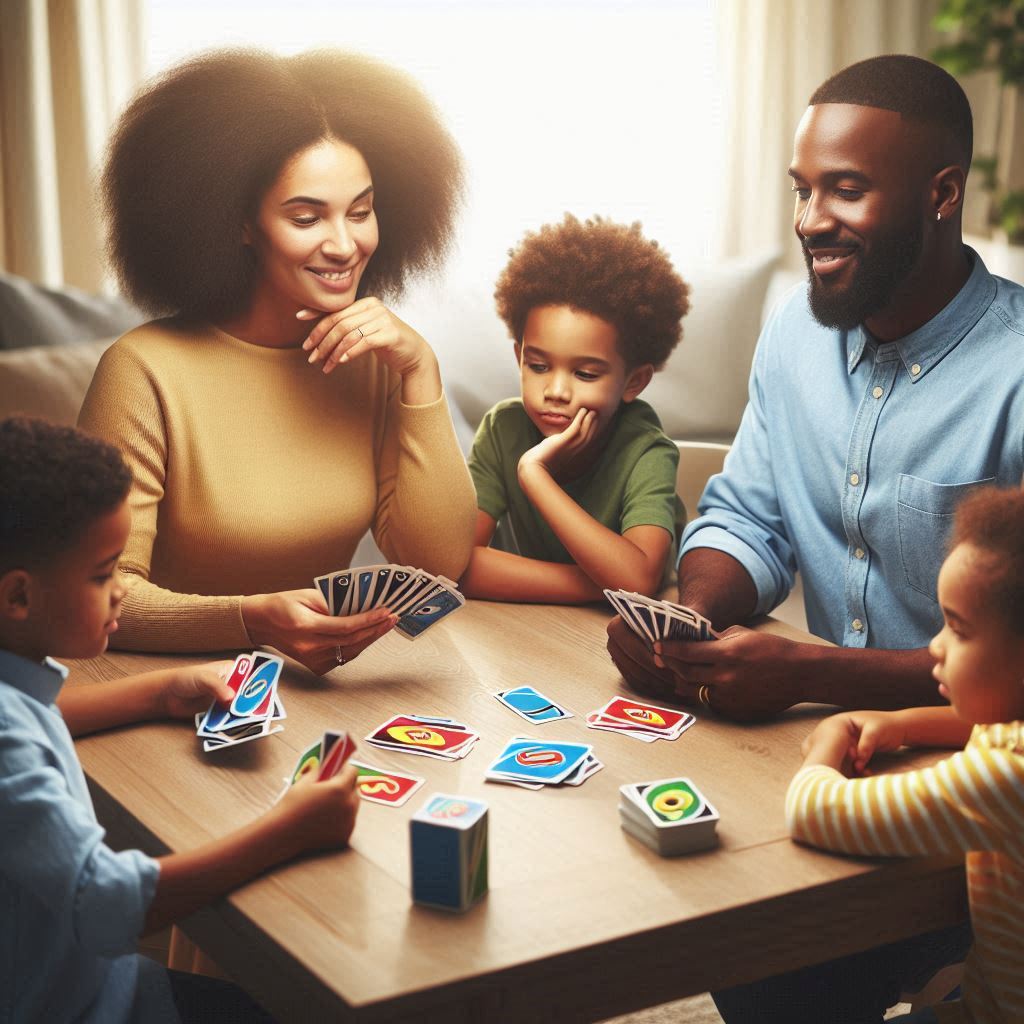 A family sitting around a table playing a card game