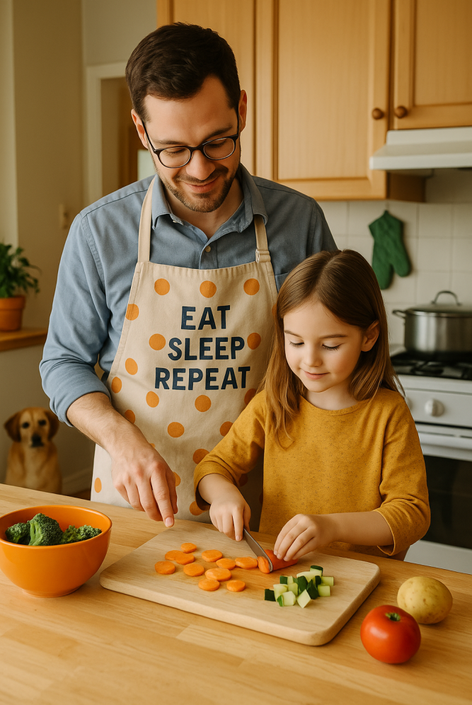 A primary school-aged girl helps her father cook a meal at home