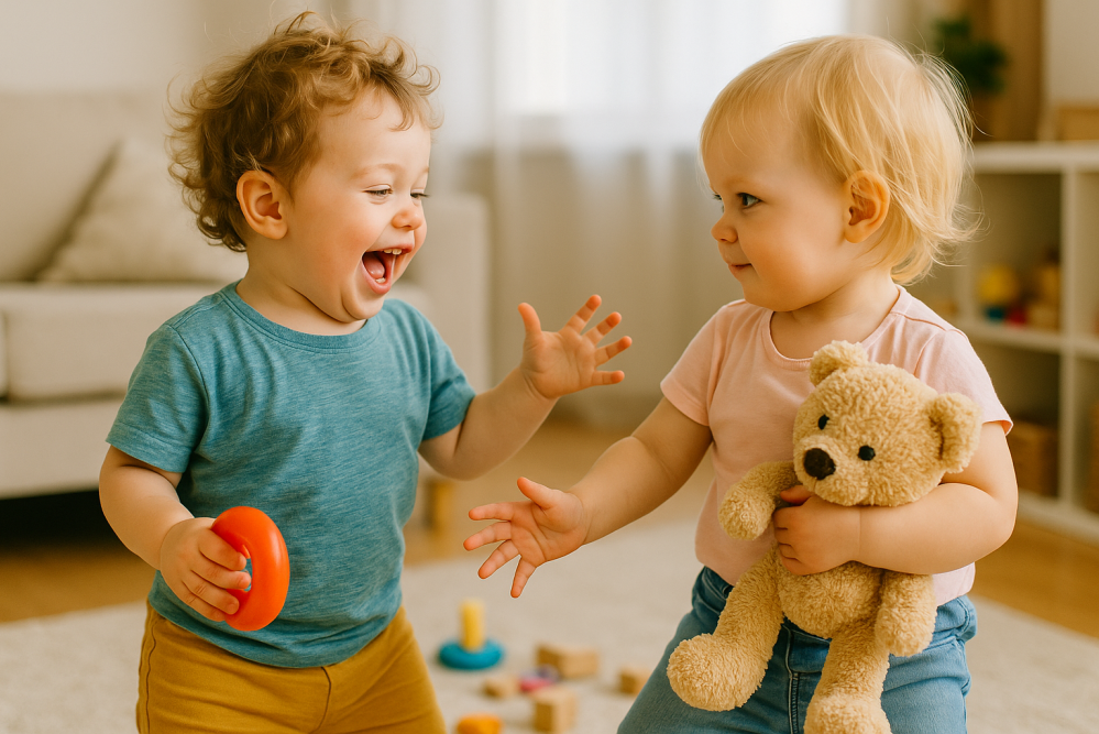 Two toddlers playing together in a sunlit living room; one holds a toy and laughs while the other smiles and reaches out with a teddy bear.