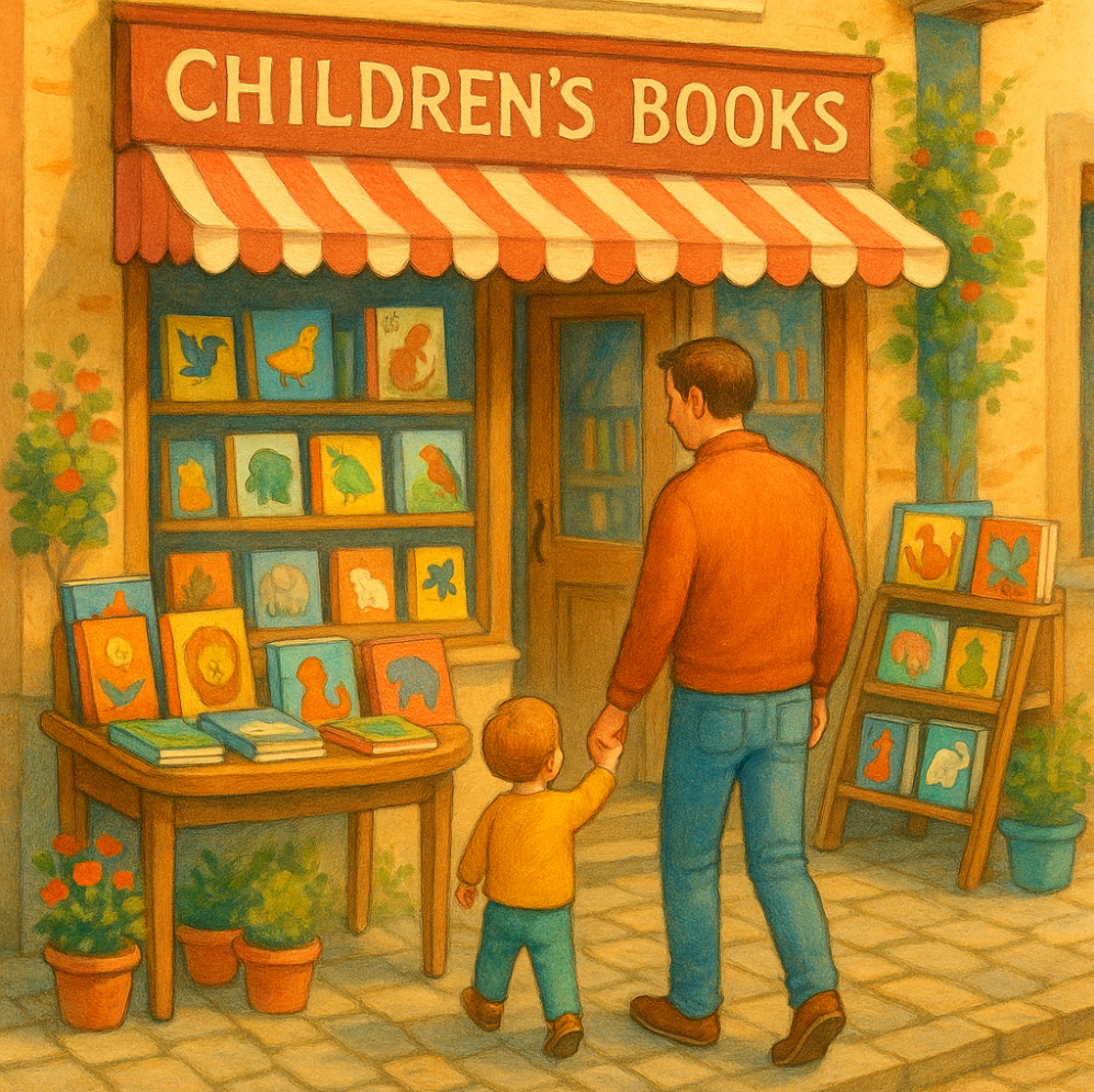 A children's bookshop with a dad about to enter it with a toddler