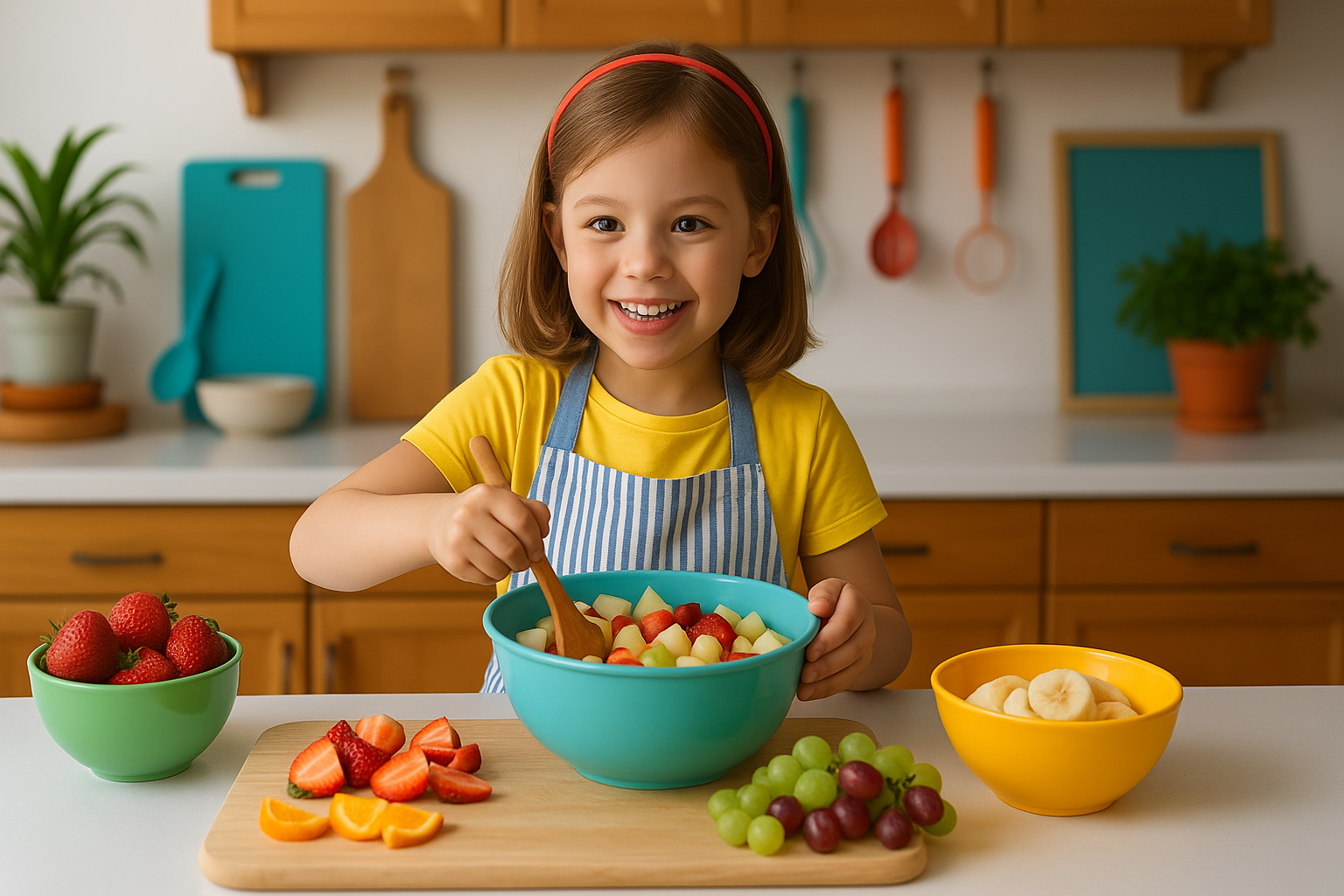 A smiling young girl proudly presents a colourful fruit salad she helped prepare in the kitchen.
