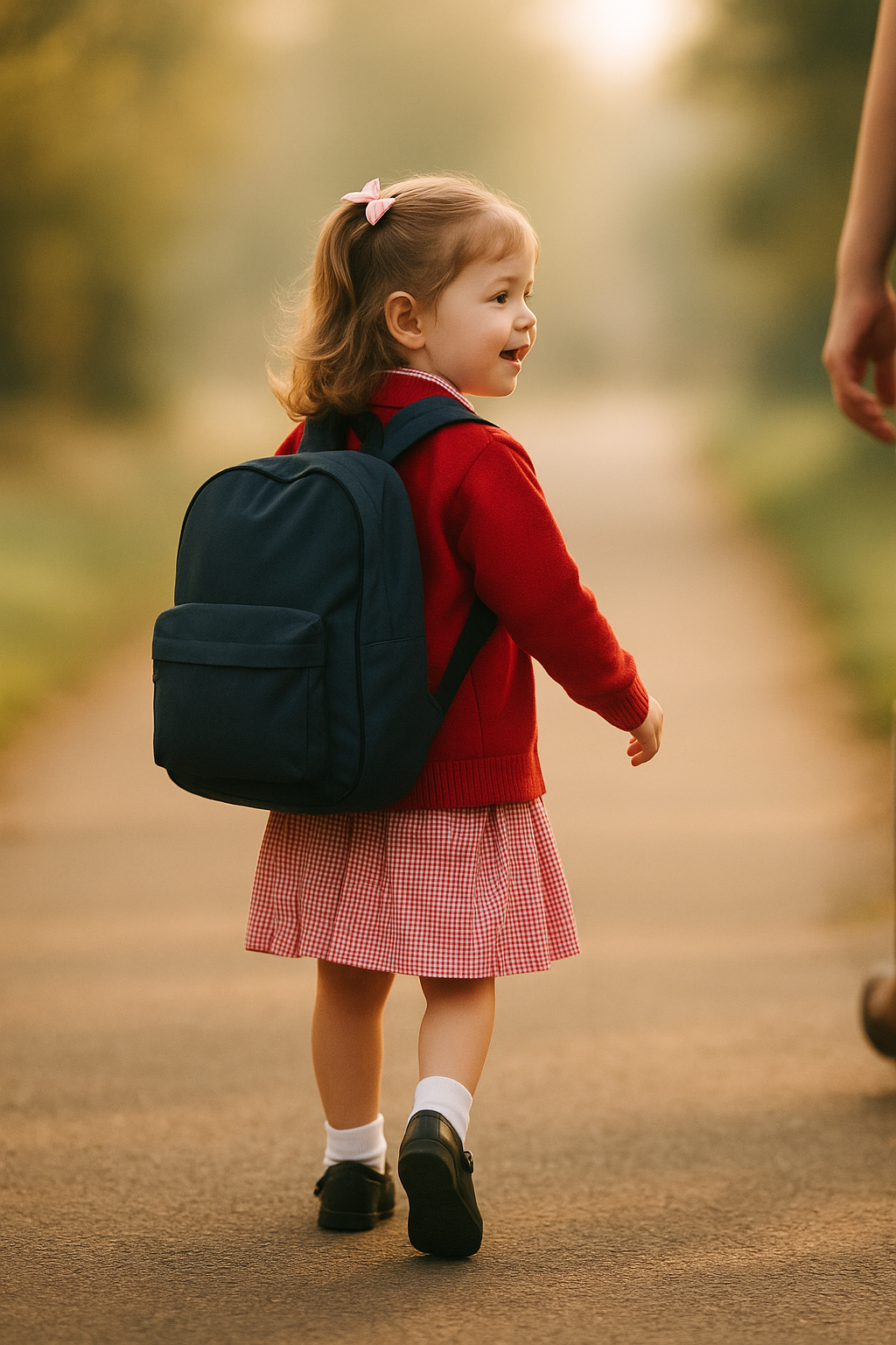 A young girl in school uniform walks away from the camera with a large satchel on her back, capturing the feeling of a child's first day at school.