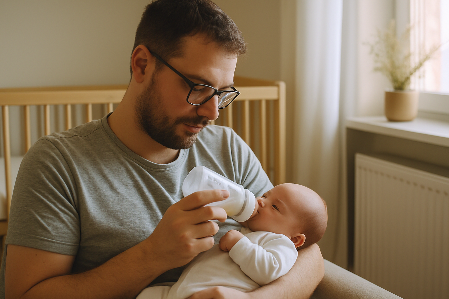 A new dad bottle-feeding a baby