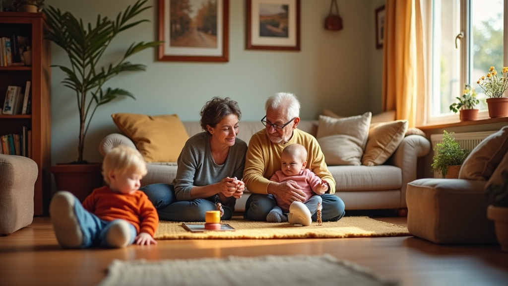 Grandparents on a sofa caring for a baby and toddler in a warm family moment.