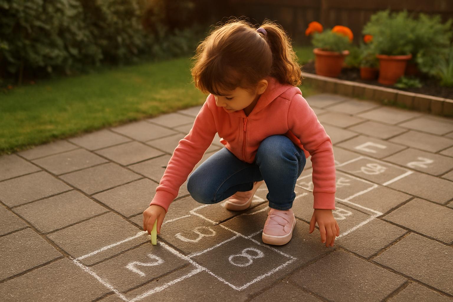 Litlle girl drawing hopscotch