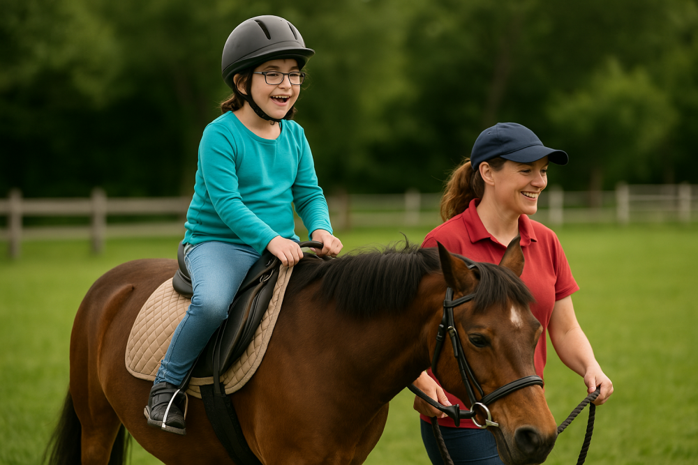 A child sitting on a horse with Riding for the Disabled