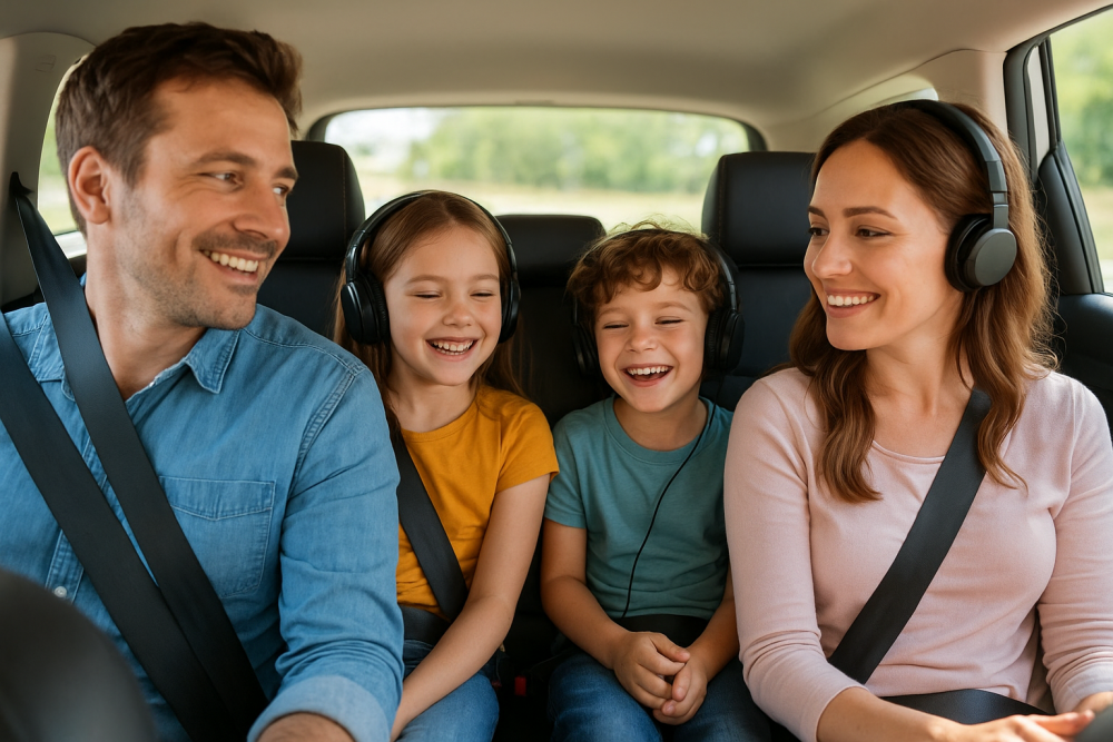 A mother and her children listening to an audiobook in the car with dad as the driver.