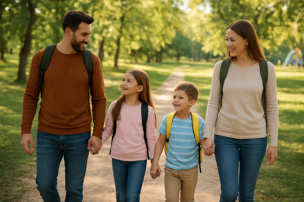A family spending time together on a hike