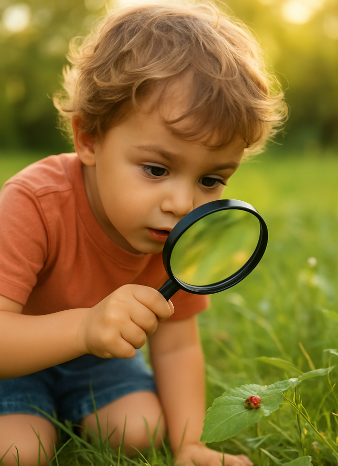 A little boy looking through a magnifying glass at a ladybird