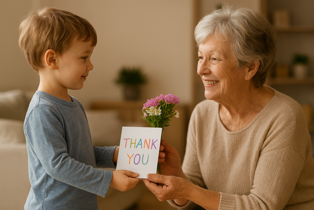 Child giving flowers and a card to grandmother