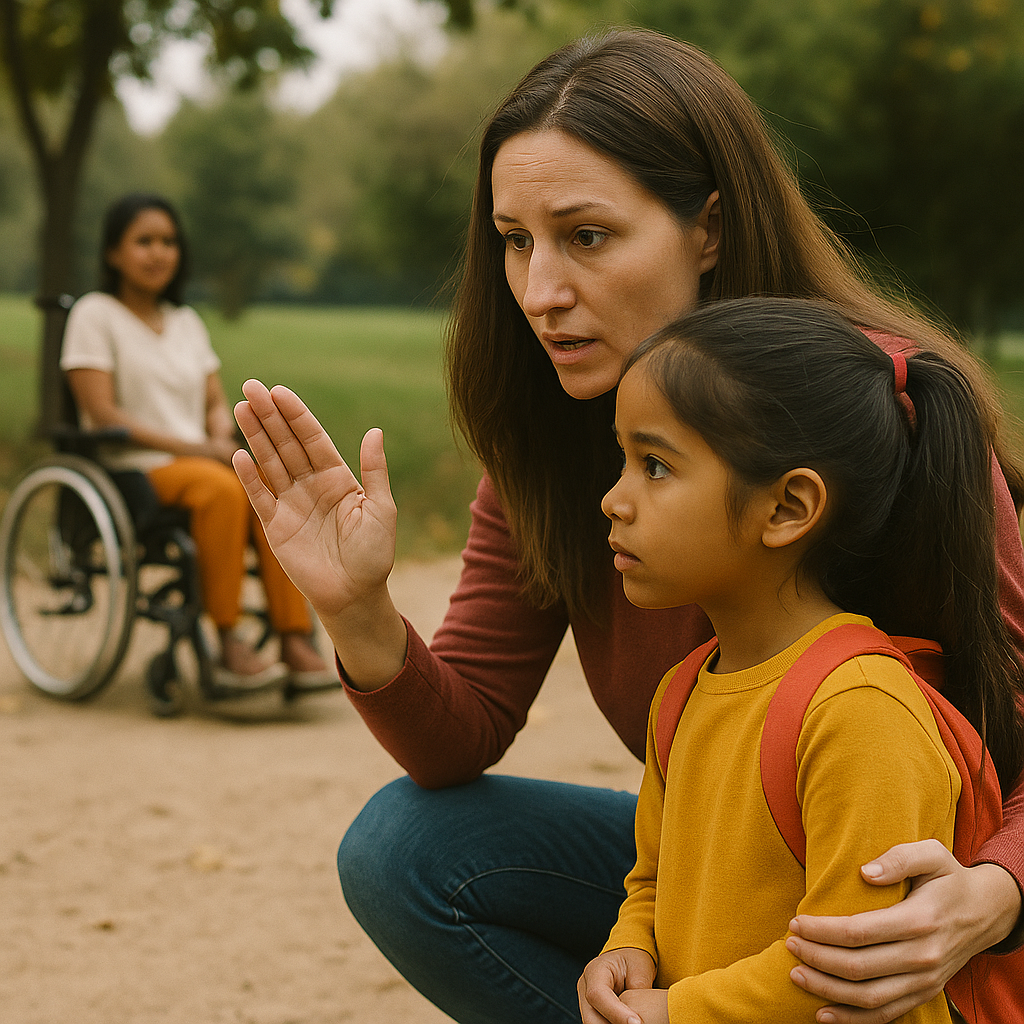 A mother gently explaining visible differences to her young daughter, with another child in a wheelchair nearby.