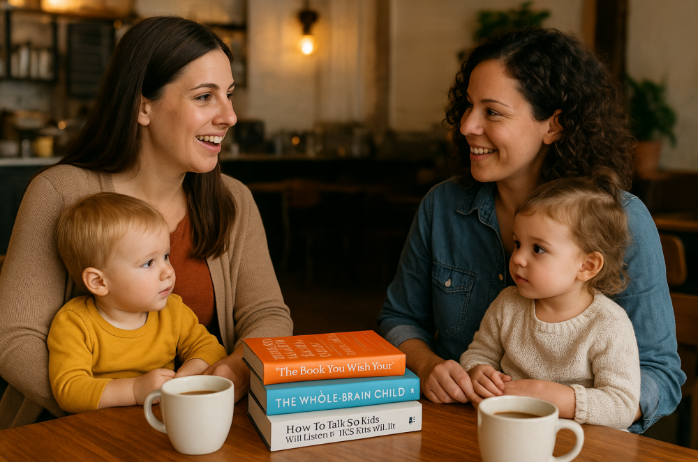 Two mothers discussing useful parenting books