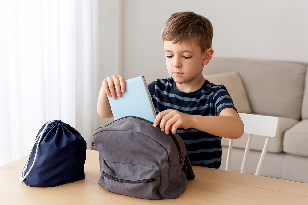 Young boy packing his schoolbag with books and a PE kit, learning responsibility and independence.